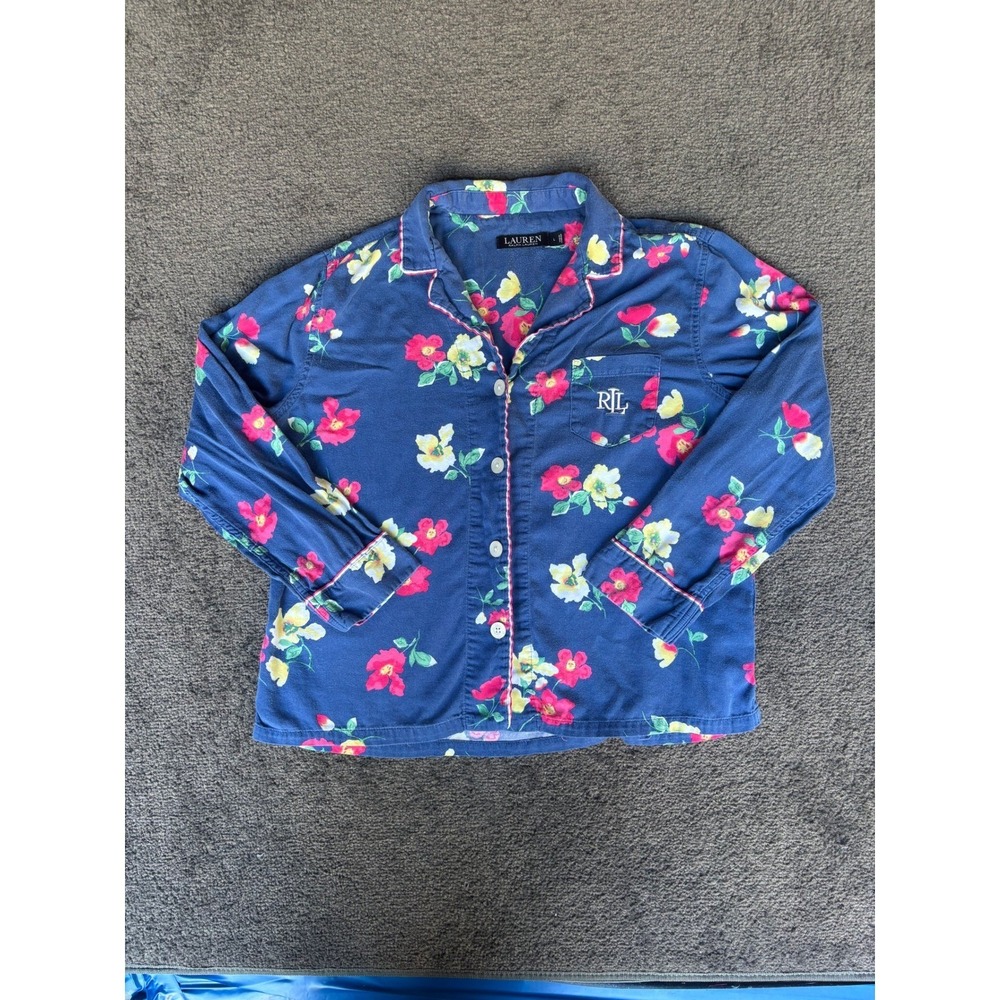 Lauren Ralph Lauren Womens Pajama Top Blue Floral RL Logo Button Down L‎